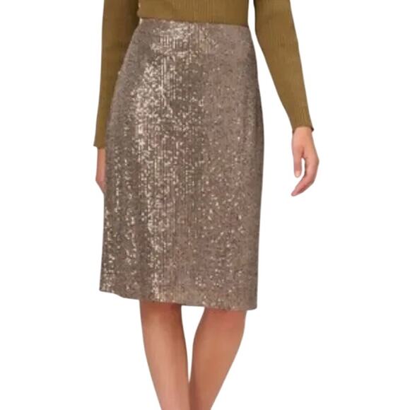 ADRIANA PAPELL NWT $138 Sequined Pull on Knee Length Skirt Gold - Picture 1 of 7